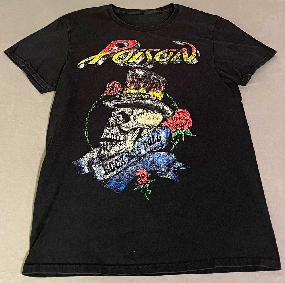 Poison Band T-Shirt Small Black Skull Top Hat Roses Rock N Roll Graphic Tee